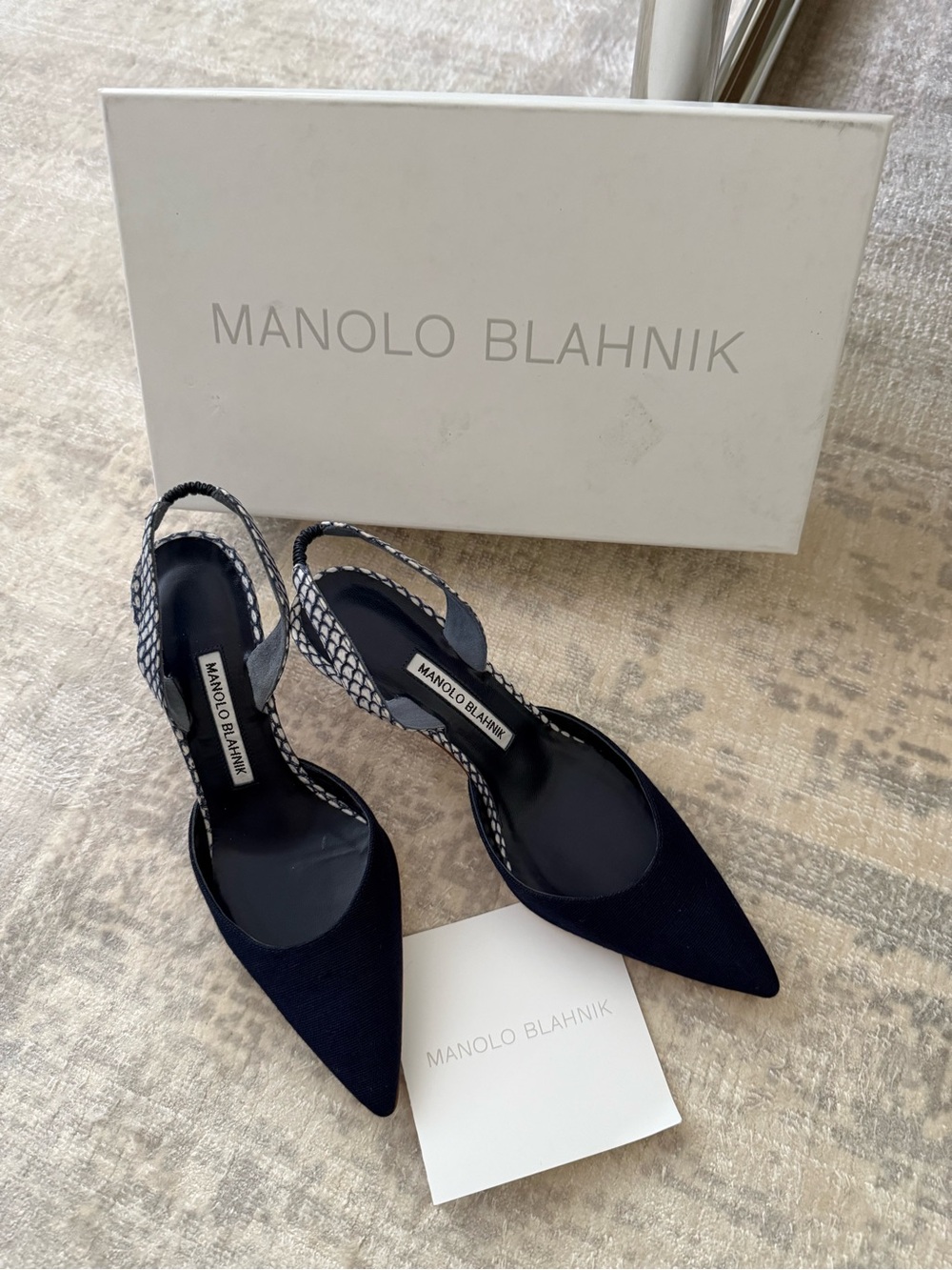 Manolo Blahnik Carolyne 70 Navy Blue Sling Back Heel